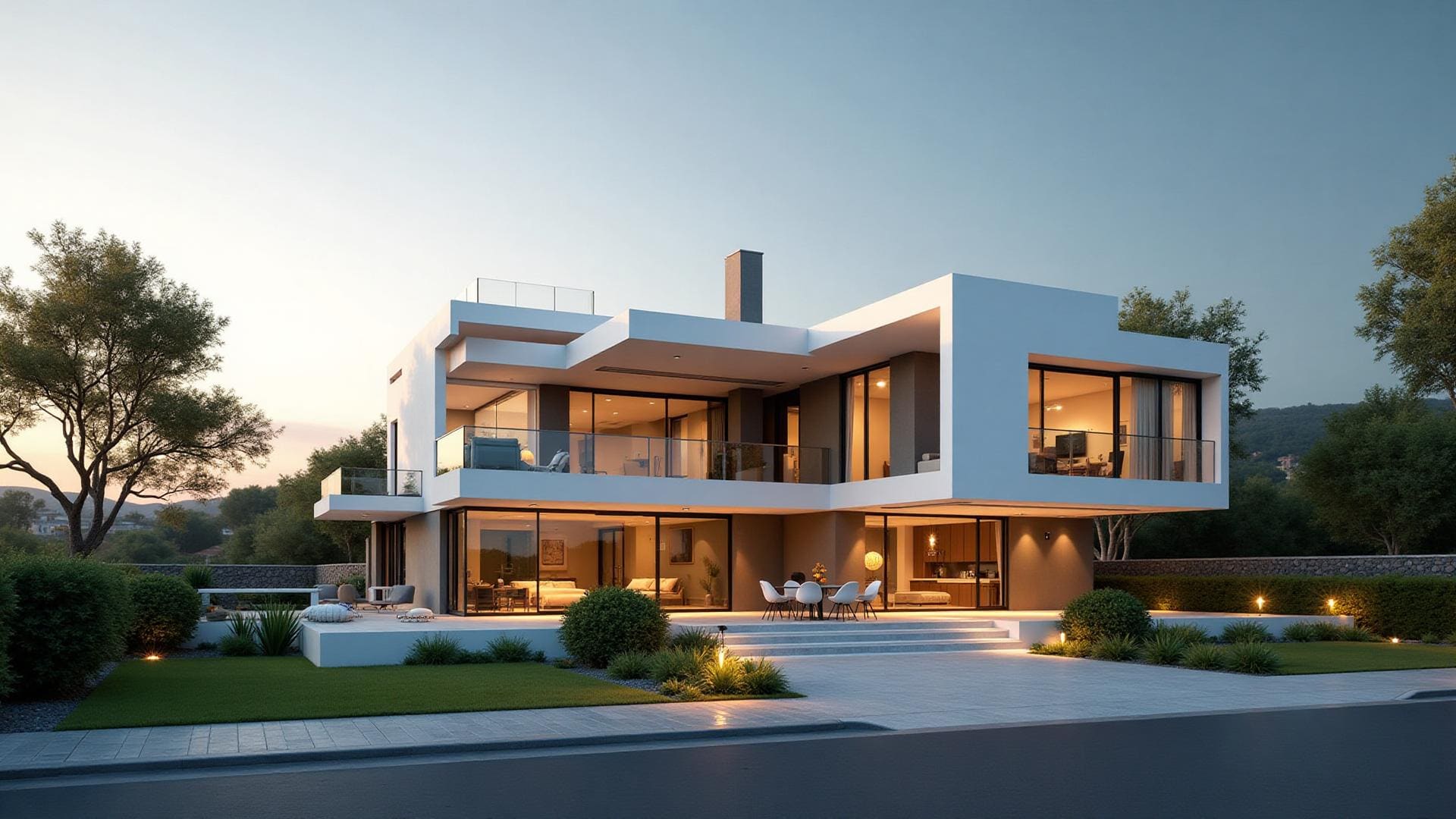 Completed modern residential building with contemporary architecture and landscaping at golden hour