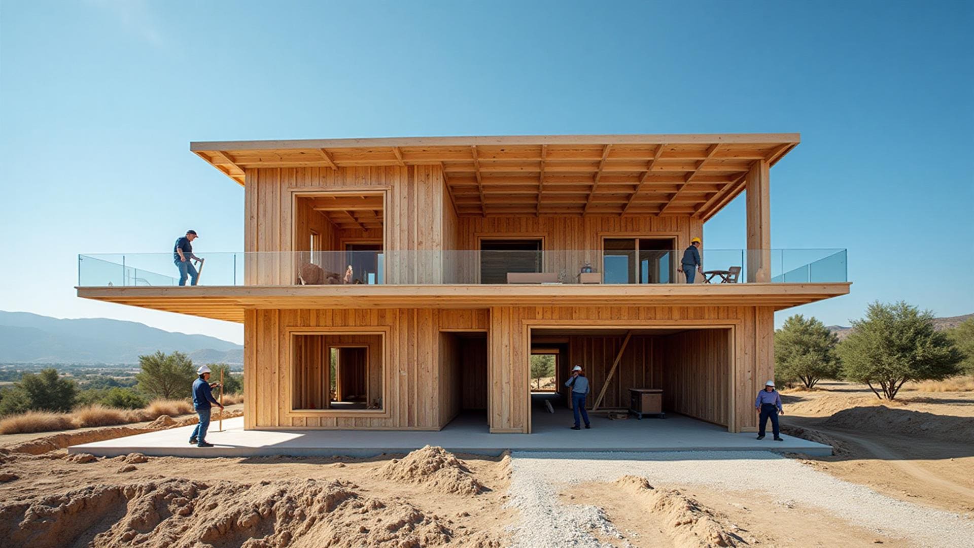 Professional construction site of modern two-story residential house being built in Greece