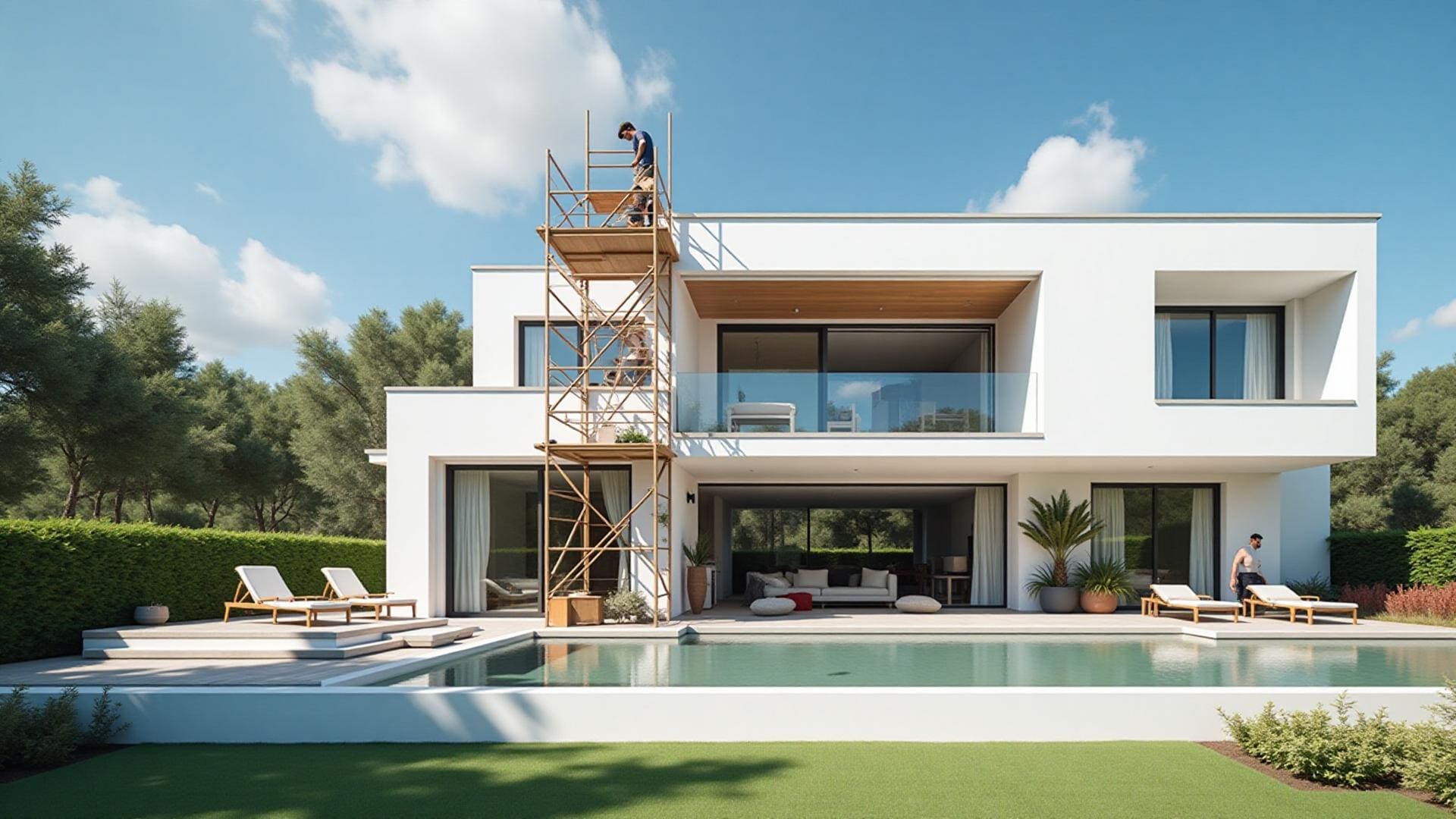 Modern villa renovation project with scaffolding showcasing professional construction services